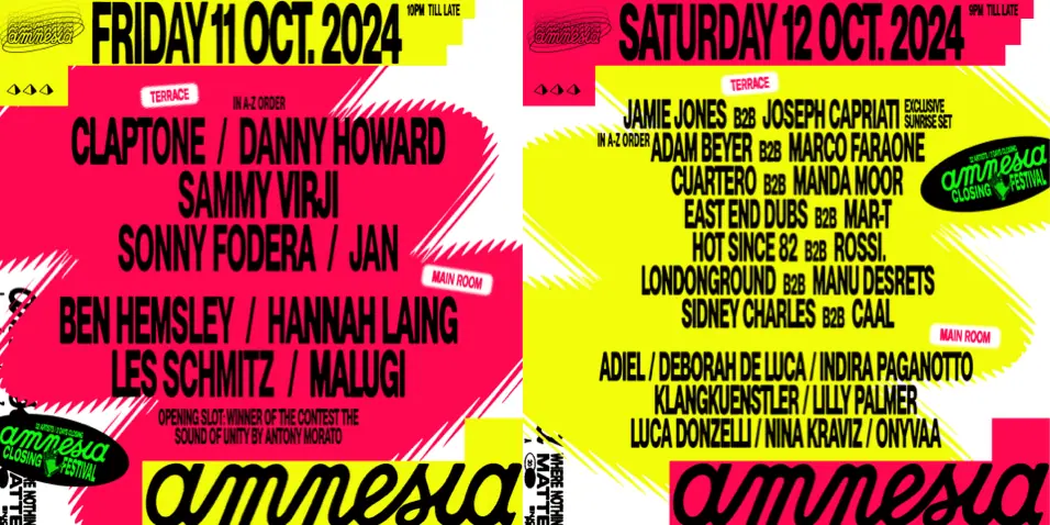 Amnesia Ibiza's Closing Festival and Lineup (October, 2024)